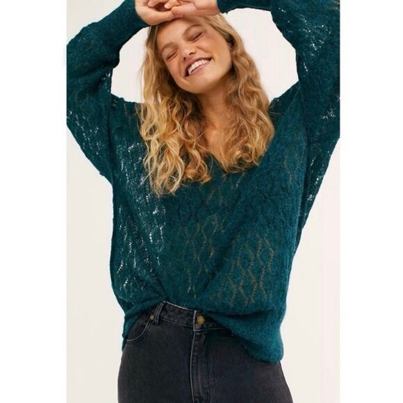 FREE PEOPLE Alpaca Wool Patterned Knit V Neck tunic Sweater Top Green Size XS - Picture 1 of 7